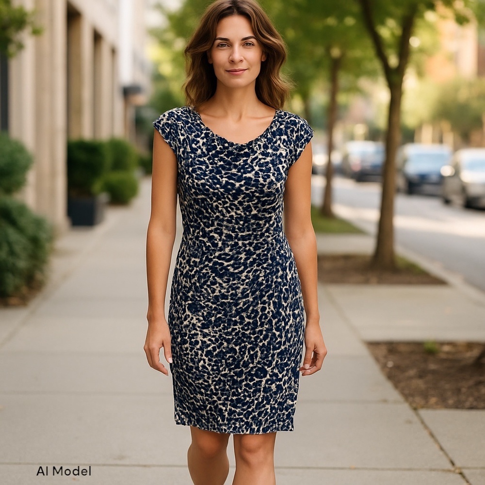 Lauren Ralph Lauren Dress Navy Blue Tan Animal Print Size 14